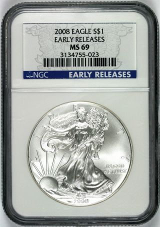 2008 Silver American Eagle $1 Ngc Ms69 Early Release Blue Label photo