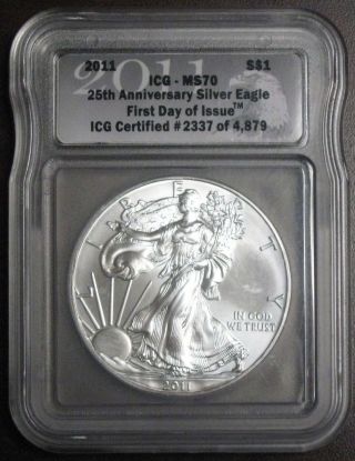 2011 Silver American Eagle - Icg Graded Perfect Ms 70 - photo