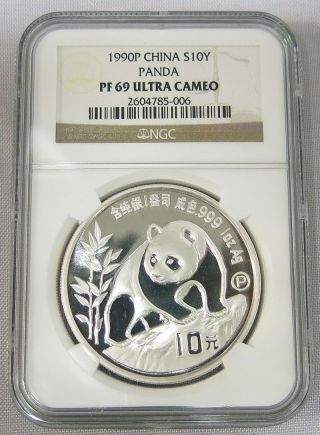 1990 P Pf 69 Ultra Cameo 10 Yuan 1 Oz 999 Fine Silver Panda China Ngc Certified photo