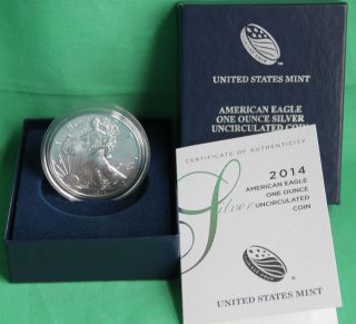 2014 - W Burnished Bu American Silver Eagle Dollar Us Ase Coin And Box photo