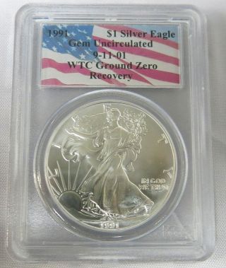 1991 World Trade Center 911 American Silver Eagle $1 Pcgs Gem Unc Certified 1 Oz photo