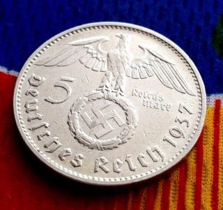 Extra Rare 1937 E Ww2 5 Mark 90% Silver German Third Reichsmark Coin photo