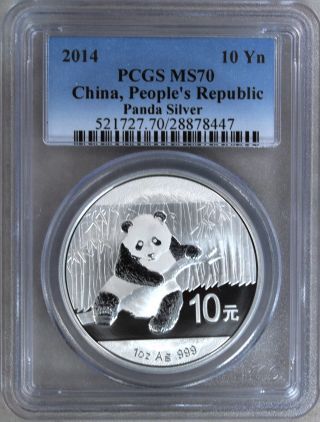 2014 China Silver Panda 10 Yn (1 Troy Oz) - Pcgs Ms70 Certified photo