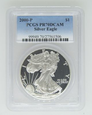 2000 - P $1 Pcgs Pr70 Dcameo (proof Silver Eagle) - Pr70 Rare.  999 1oz Bullion photo