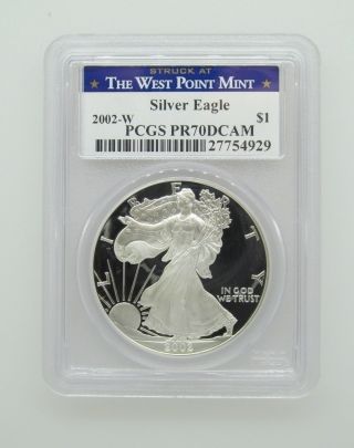 2002 - W $1 Pcgs Pr70 Dcameo (proof Silver Eagle).  999 1 Oz - West Point Label photo