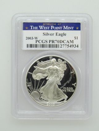 2003 - W $1 Pcgs Pr70 Dcameo (proof Silver Eagle).  999 1 Oz - West Point Label photo
