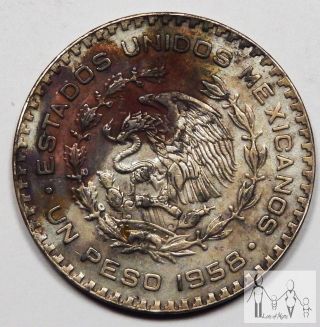 1958 Circulated Mexico Un 1 Peso 10% Silver.  0514 Asw 2 photo