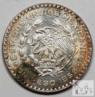 1958 Circulated Mexico Un 1 Peso 10% Silver.  0514 Asw 7 photo