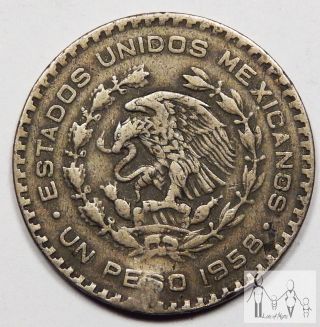 1958 Circulated Mexico Un 1 Peso 10% Silver.  0514 Asw 8 photo