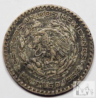 1958 Circulated Mexico Un 1 Peso 10% Silver.  0514 Asw 9 photo