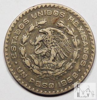 1958 Circulated Mexico Un 1 Peso 10% Silver.  0514 Asw 11 photo