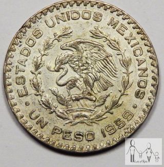 1959 Circulated Mexico Un 1 Peso 10% Silver.  0514 Asw 3 photo