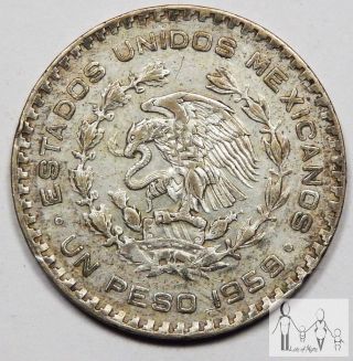 1959 Circulated Mexico Un 1 Peso 10% Silver.  0514 Asw 9 photo