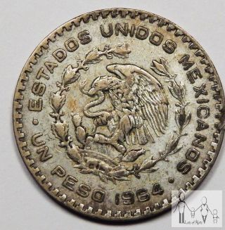 1964 Circulated Mexico Un 1 Peso 10% Silver.  0514 Asw 6 photo