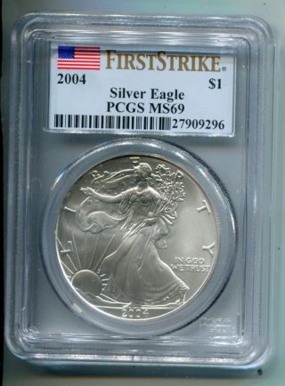 2004 American Silver Eagle Coin Pcgs Ms69 First Strike -.  999 1 Oz photo