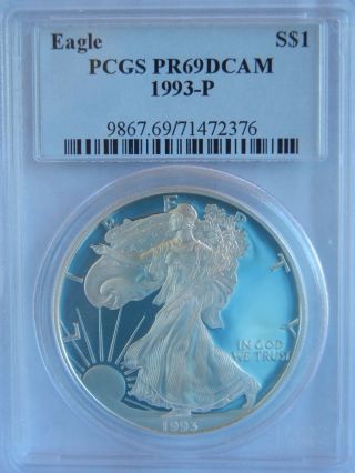 1993 - P $1 American Silver Eagle Pcgs Pr69 Dcam Proof 1 Oz photo
