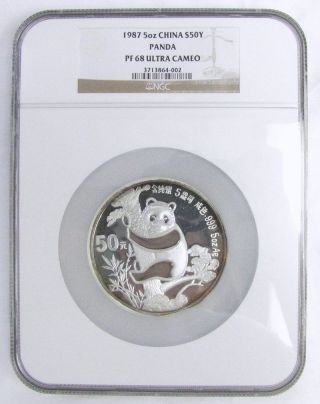 1987 Ngc Pf 68 Ultra Cameo 50 Yuan 5 Troy Oz 999 Silver Panda China Certified photo