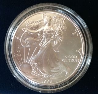 1998 American Eagle One Ounce U.  S.  Silver Dollar,  W/box & photo