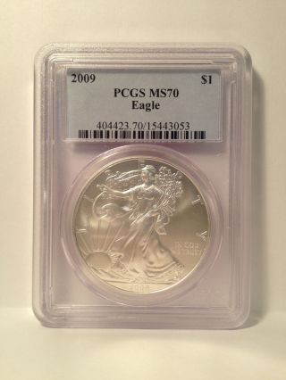 2009 American Silver Eagle Pcgs Ms70 - - - No Milky Spots Or Toning Very Sharp photo