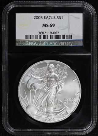 2003 Silver Eagle Ms 69 $1 Ngc Black Retro Slab 25th Anniversary photo