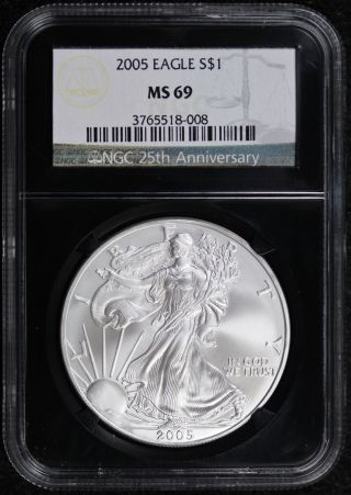 2005 Silver Eagle Ms 69 $1 Ngc Black Retro Slab 25th Anniversary photo