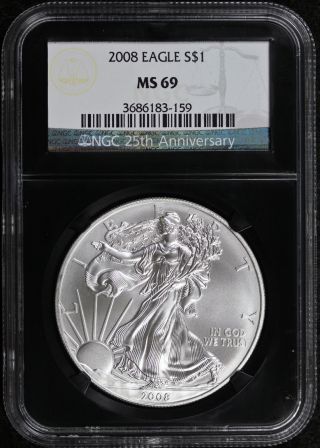 2008 Silver Eagle Ms 69 $1 Ngc Black Retro Slab 25th Anniversary photo