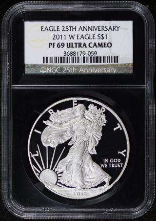 2011 - W Silver Eagle Pf 69 Ultra Cameo $1 Ngc Black Retro Slab 25th Anniversary photo
