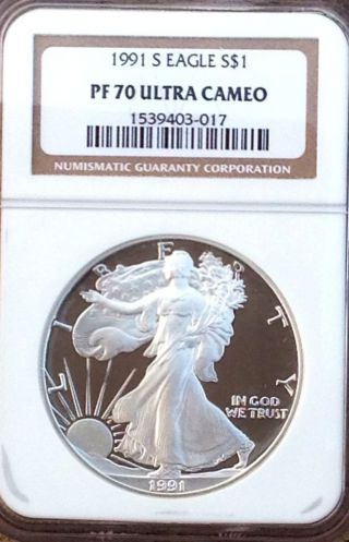 1991 - S $1 Ngc Pf - 70 Ucameo Proof Silver Eagle Rare Contrast Low Population photo