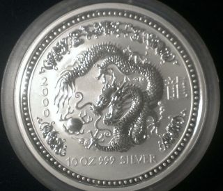 2000 10 Dollars Australia Lunar Zodiac Year Of Dragon 10 Oz.  Silver 7926minted photo