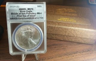 2014 (s) Us Silver Eagle First Day Of Issue Anacs Ms 70 photo