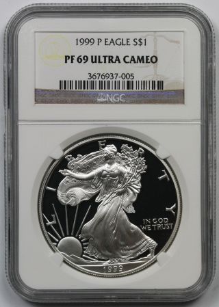 1999 - P American Silver Eagle $1 Proof Pf 69 Ultra Cameo Ngc photo