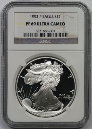 1993 - P American Silver Eagle $1 Proof Pf 69 Ultra Cameo Ngc photo