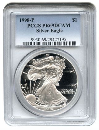 1998 - P Silver Eagle $1 Pcgs Proof 69 Dcam American Eagle Silver Dollar Ase photo