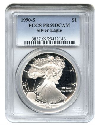 1990 - S Silver Eagle $1 Pcgs Proof 69 Dcam American Eagle Silver Dollar Ase photo