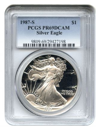1987 - S Silver Eagle $1 Pcgs Proof 69 Dcam American Eagle Silver Dollar Ase photo