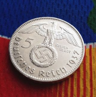 Extra Rare 1937 G Ww2 5 Mark 90% Silver German Third Reichsmark Coin photo