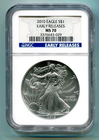 2010 American Silver Eagle Ngc Ms 70 Early Release Blue Label Premium Quality photo