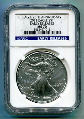 2011 Silver Eagle Ngc Ms 70 Early Release Spot White Coin Premium Quality photo