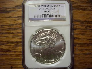 2011 American Silver Eagle $1,  25th Anniversary (brown Label).  Ngc Graded Ms 70 photo