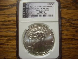 2011 American Silver Eagle $1,  25th Anniversary,  Er,  (silver Label).  Ngc Ms 70 photo