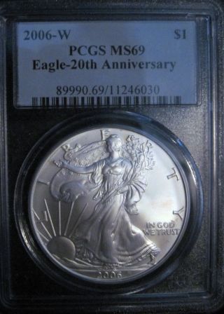 2006 - W 20th Anniversary American Silver Eagle Pcgs Near Perfect Ms69 photo