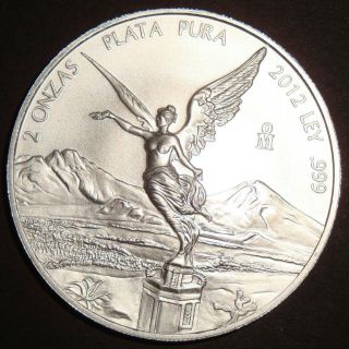 2012 - 2 Oz Mexican Libertad Brilliant Uncirculated Fine Bullion Silver Coin photo