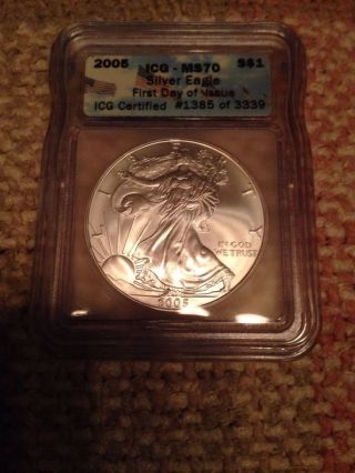 2005 1 Oz Silver Eagle Certified By Icg Ms70 Rare Coin 1 Dollar 1$ photo