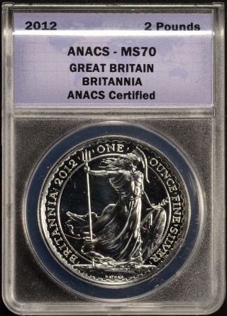 2012 1 Oz Silver Britannia Coin 2 Pounds Anacs Ms70 Aution photo