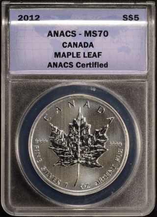 2012 $5 Canada Silver Maple Leaf 1oz Anacs Ms70 photo