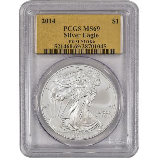 2014 American Silver Eagle - Pcgs Ms69 - First Strike - Gold Foil Label photo