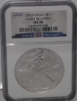 2010 Silver Eagle Ms70 (er) Special 25th Blue/silver Label photo