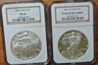 Pair - - 2006 W Ngc Pf 69 Uc And 2006 Ngc Ms - 69 Silver Eagles photo