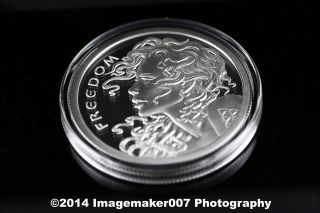 One (1) 2014 Silver Shied Freedom Girl 5 Oz Proof Medallion.  999 Silver photo