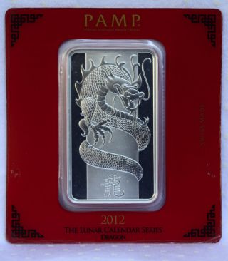 100 Gram Pamp Suisse Silver Bar,  Year Of The Dragon, photo